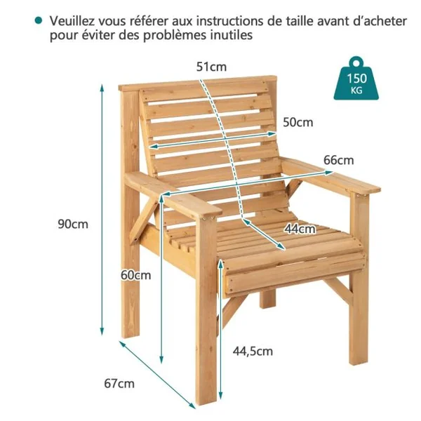 Chaise de Jardin en Bois de Sapin Baumier avec Dossier Incliné et Accoudoirs Capacité 150 kg pour Jardin Cour Arrière