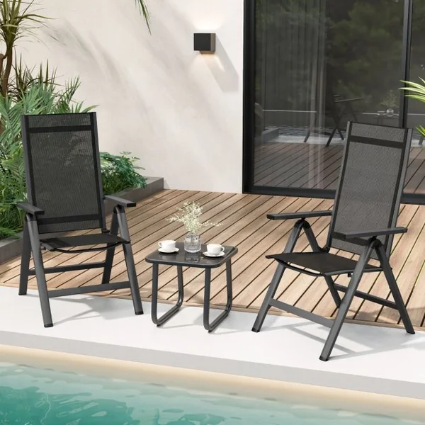 Chaise de Jardin Pliante en Alliage d'Aluminium Dossier Inclinable Réglable Patins Antidérapants Tissu en Maille+Éponge Noir