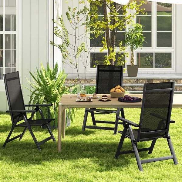 Chaise de Jardin Pliante en Alliage d'Aluminium Dossier Inclinable Réglable Patins Antidérapants Tissu en Maille+Éponge Noir