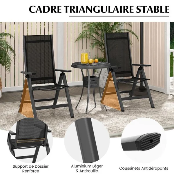 Chaise de Jardin Pliante en Alliage d'Aluminium Dossier Inclinable Réglable Patins Antidérapants Tissu en Maille+Éponge Noir