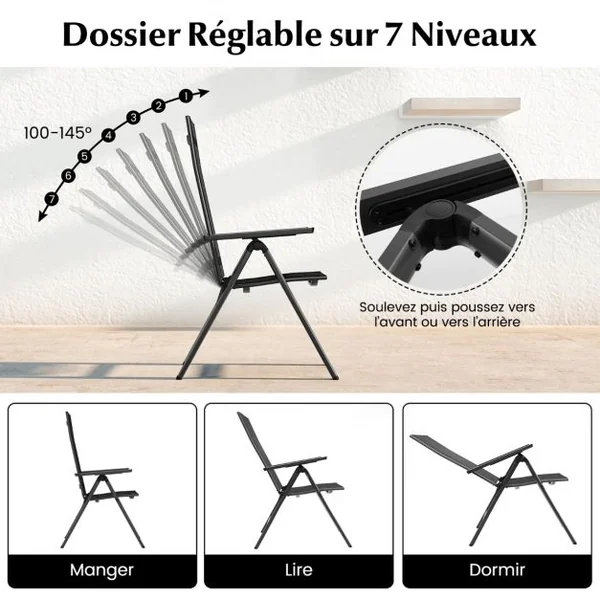 Chaise de Jardin Pliante en Alliage d'Aluminium Dossier Inclinable Réglable Patins Antidérapants Tissu en Maille+Éponge Noir