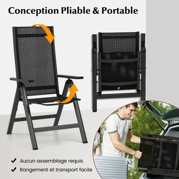 Chaise de Jardin Pliante en Alliage d'Aluminium Dossier Inclinable Réglable Patins Antidérapants Tissu en Maille+Éponge Noir