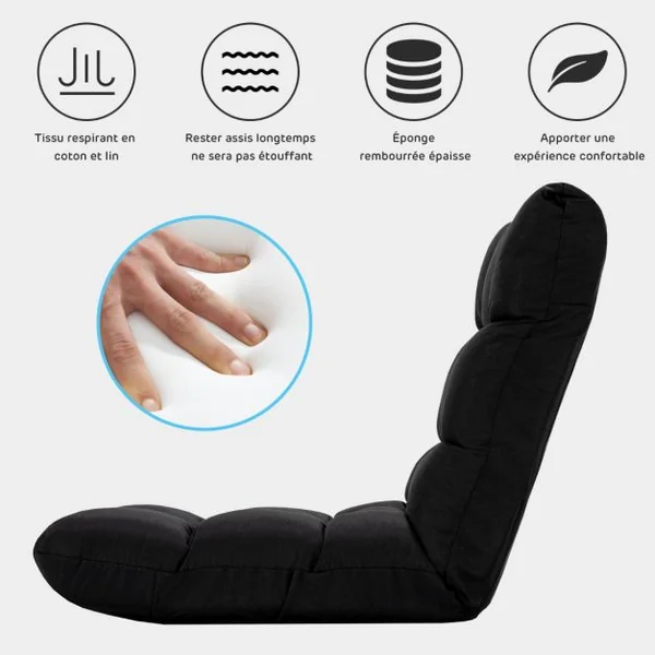 Chaise de Jeu en Velours avec Dossier Réglable à 14 Positions Rembourrage en Éponge Épaisse Chaise Longue Moelleuse Noir