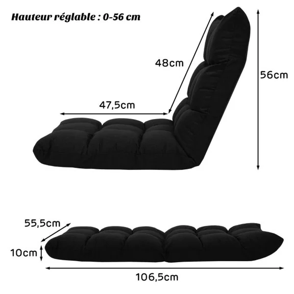 Chaise de Jeu en Velours avec Dossier Réglable à 14 Positions Rembourrage en Éponge Épaisse Chaise Longue Moelleuse Noir