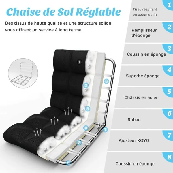 Chaise de Jeu en Velours avec Dossier Réglable à 14 Positions Rembourrage en Éponge Épaisse Chaise Longue Moelleuse Noir