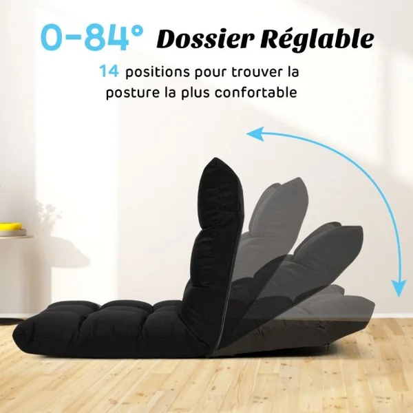 Chaise de Jeu en Velours avec Dossier Réglable à 14 Positions Rembourrage en Éponge Épaisse Chaise Longue Moelleuse Noir
