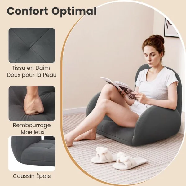Chaise de Jeu Pliable Au Sol pour Adultes Fauteuil de Relaxation avec Dossier et Accoudoirs Réglables Fauteuil de Salon Inclinable Gris