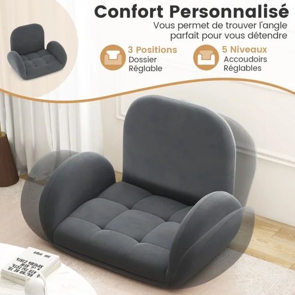 Chaise de Jeu Pliable Au Sol pour Adultes Fauteuil de Relaxation avec Dossier et Accoudoirs Réglables Fauteuil de Salon Inclinable Gris