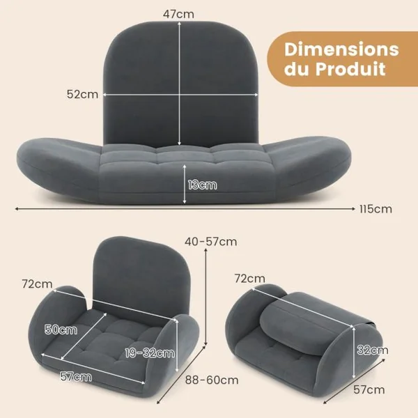 Chaise de Jeu Pliable Au Sol pour Adultes Fauteuil de Relaxation avec Dossier et Accoudoirs Réglables Fauteuil de Salon Inclinable Gris
