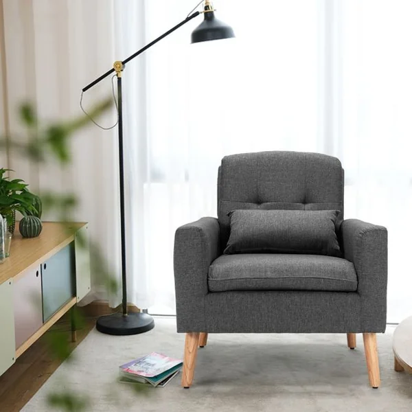 Chaise de Loisirs Moderne Fauteuil d'Appoint Oreiller de Taille Dossier Confortable Accoudoirs Incurvés pour Chambre Salon Bureau Gris