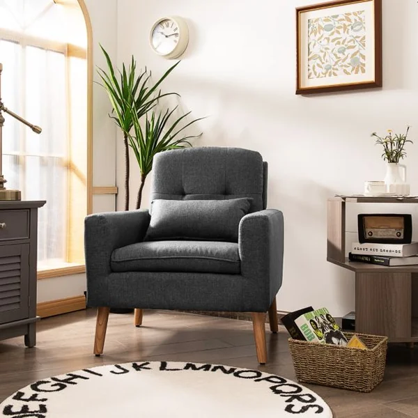 Chaise de Loisirs Moderne Fauteuil d'Appoint Oreiller de Taille Dossier Confortable Accoudoirs Incurvés pour Chambre Salon Bureau Gris