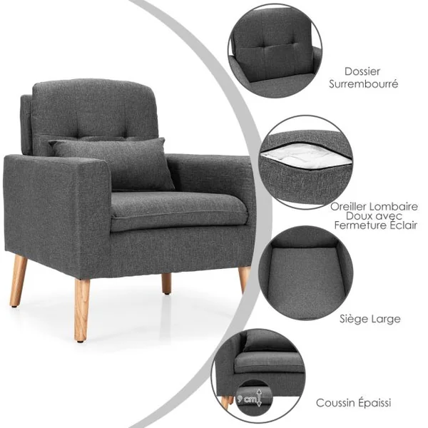 Chaise de Loisirs Moderne Fauteuil d'Appoint Oreiller de Taille Dossier Confortable Accoudoirs Incurvés pour Chambre Salon Bureau Gris