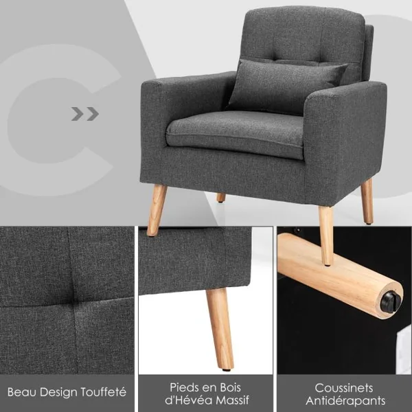 Chaise de Loisirs Moderne Fauteuil d'Appoint Oreiller de Taille Dossier Confortable Accoudoirs Incurvés pour Chambre Salon Bureau Gris