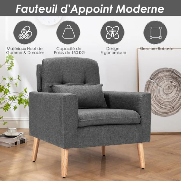 Chaise de Loisirs Moderne Fauteuil d'Appoint Oreiller de Taille Dossier Confortable Accoudoirs Incurvés pour Chambre Salon Bureau Gris