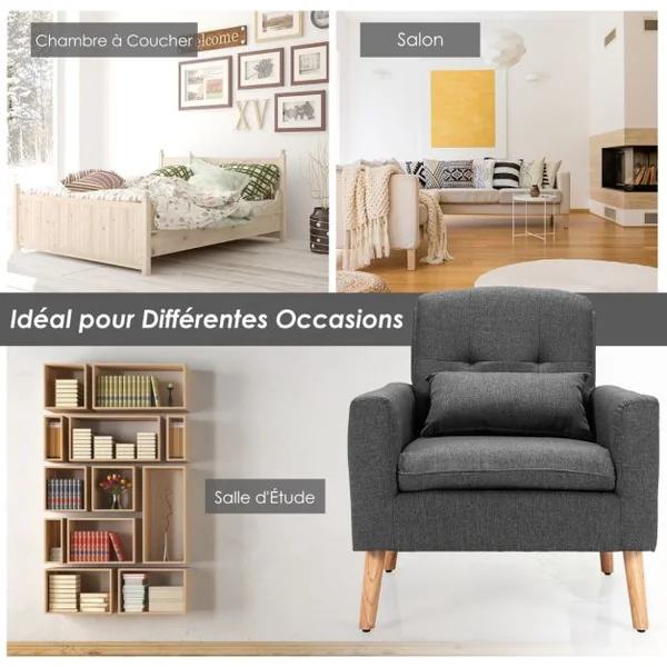 Chaise de Loisirs Moderne Fauteuil d'Appoint Oreiller de Taille Dossier Confortable Accoudoirs Incurvés pour Chambre Salon Bureau Gris