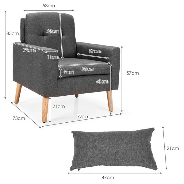 Chaise de Loisirs Moderne Fauteuil d'Appoint Oreiller de Taille Dossier Confortable Accoudoirs Incurvés pour Chambre Salon Bureau Gris