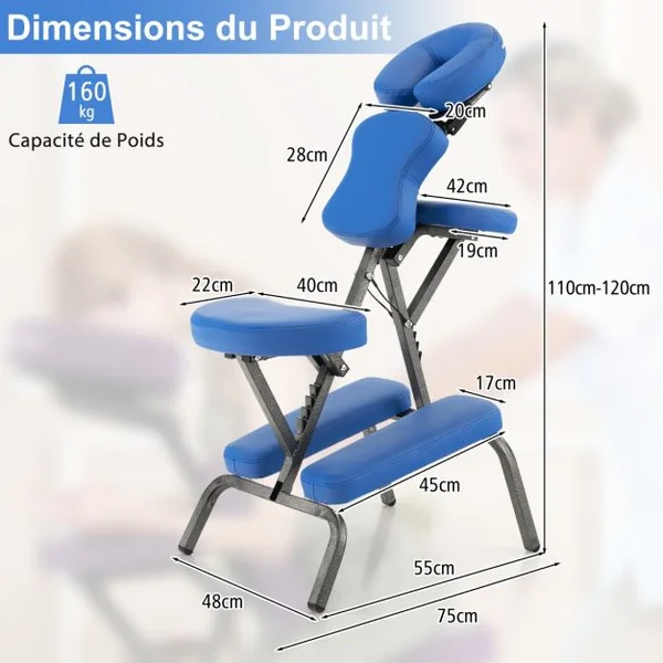 Chaise de Massage Professionnel Portable Hauteur Accoudoirs Coussins Réglables Sac de Transport Capacité 150kg Noir/Bleu/Violet/Blanc
