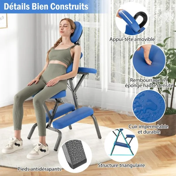 Chaise de Massage Professionnel Portable Hauteur Accoudoirs Coussins Réglables Sac de Transport Capacité 150kg Noir/Bleu/Violet/Blanc