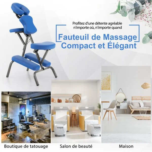 Chaise de Massage Professionnel Portable Hauteur Accoudoirs Coussins Réglables Sac de Transport Capacité 150kg Noir/Bleu/Violet/Blanc