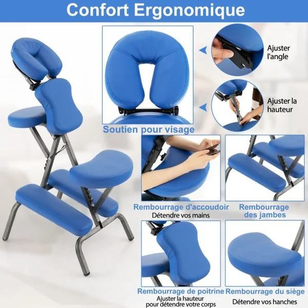 Chaise de Massage Professionnel Portable Hauteur Accoudoirs Coussins Réglables Sac de Transport Capacité 150kg Noir/Bleu/Violet/Blanc