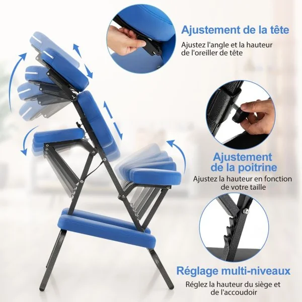 Chaise de Massage Professionnel Portable Hauteur Accoudoirs Coussins Réglables Sac de Transport Capacité 150kg Noir/Bleu/Violet/Blanc
