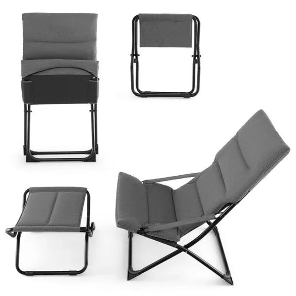 Chaise de Patio Pliante avec Repose-pied Chaise Longue Portable avec Repose-pied Coussin Amovible Chaise de Plage Inclinable Gris