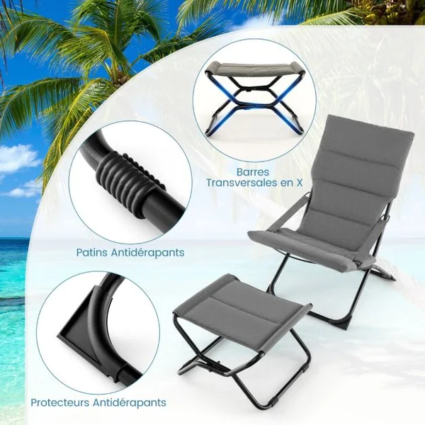 Chaise de Patio Pliante avec Repose-pied Chaise Longue Portable avec Repose-pied Coussin Amovible Chaise de Plage Inclinable Gris