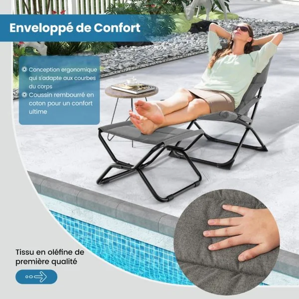 Chaise de Patio Pliante avec Repose-pied Chaise Longue Portable avec Repose-pied Coussin Amovible Chaise de Plage Inclinable Gris