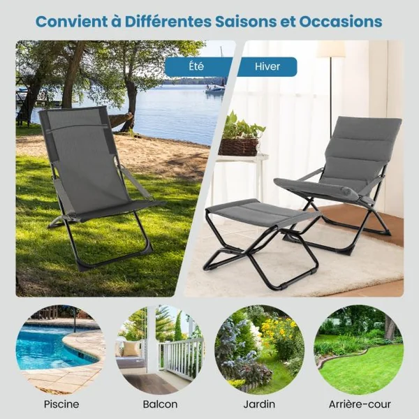 Chaise de Patio Pliante avec Repose-pied Chaise Longue Portable avec Repose-pied Coussin Amovible Chaise de Plage Inclinable Gris