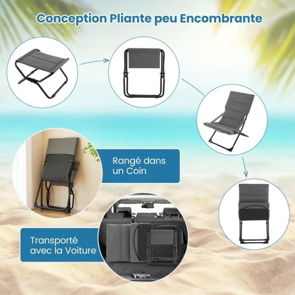 Chaise de Patio Pliante avec Repose-pied Chaise Longue Portable avec Repose-pied Coussin Amovible Chaise de Plage Inclinable Gris