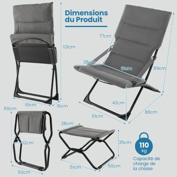 Chaise de Patio Pliante avec Repose-pied Chaise Longue Portable avec Repose-pied Coussin Amovible Chaise de Plage Inclinable Gris