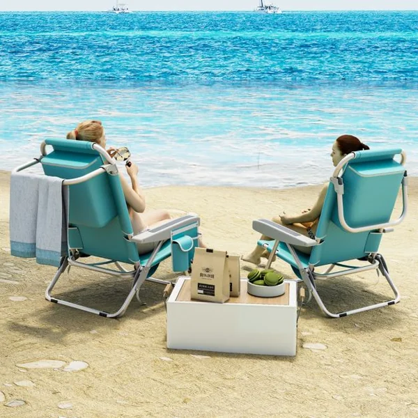 Chaise de Plage avec Dossier Réglable Chaise Longue Pliable 5 Positions avec Porte-Gobelet Poches de Rangement Bleu