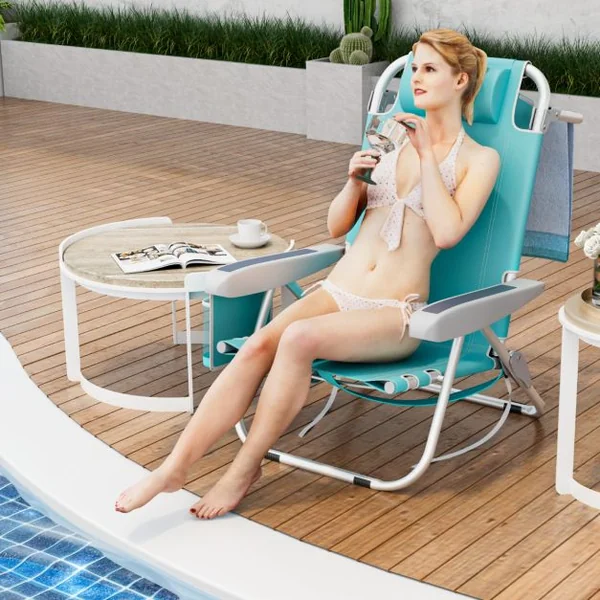 Chaise de Plage avec Dossier Réglable Chaise Longue Pliable 5 Positions avec Porte-Gobelet Poches de Rangement Bleu