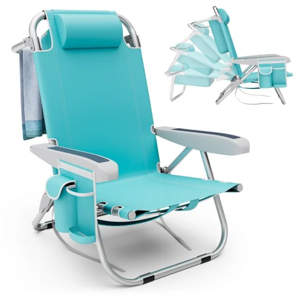 Chaise de Plage avec Dossier Réglable Chaise Longue Pliable 5 Positions avec Porte-Gobelet Poches de Rangement Bleu