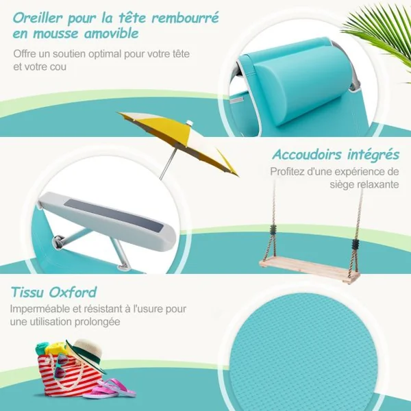 Chaise de Plage avec Dossier Réglable Chaise Longue Pliable 5 Positions avec Porte-Gobelet Poches de Rangement Bleu