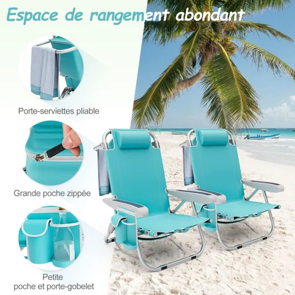 Chaise de Plage avec Dossier Réglable Chaise Longue Pliable 5 Positions avec Porte-Gobelet Poches de Rangement Bleu