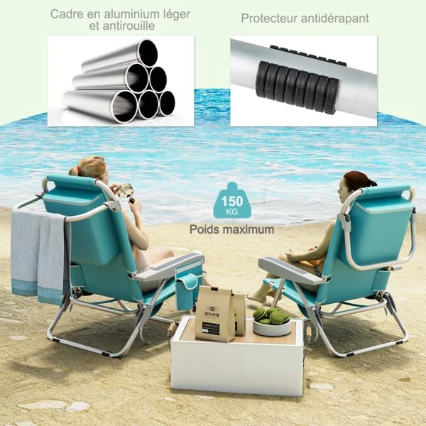 Chaise de Plage avec Dossier Réglable Chaise Longue Pliable 5 Positions avec Porte-Gobelet Poches de Rangement Bleu