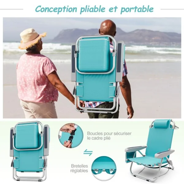 Chaise de Plage avec Dossier Réglable Chaise Longue Pliable 5 Positions avec Porte-Gobelet Poches de Rangement Bleu