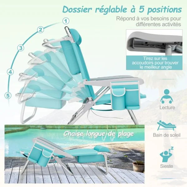 Chaise de Plage avec Dossier Réglable Chaise Longue Pliable 5 Positions avec Porte-Gobelet Poches de Rangement Bleu