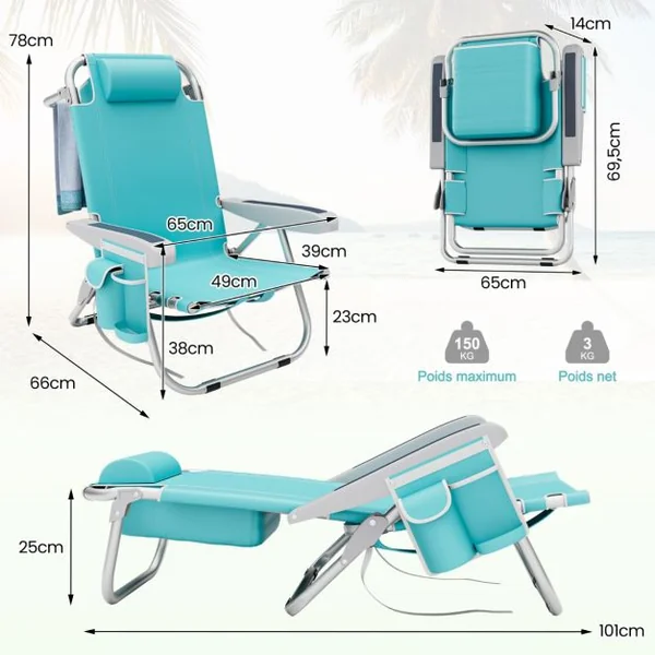 Chaise de Plage avec Dossier Réglable Chaise Longue Pliable 5 Positions avec Porte-Gobelet Poches de Rangement Bleu