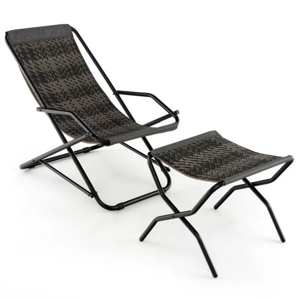 Chaise de Plage Pliable en Rotin PE Anti-UV Siège de Plage avec Accoudoirs Cadre en Métal Chaise Pliante Extérieur Portable pour Plage Jardin