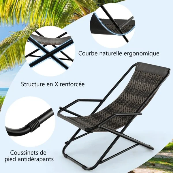 Chaise de Plage Pliable en Rotin PE Anti-UV Siège de Plage avec Accoudoirs Cadre en Métal Chaise Pliante Extérieur Portable pour Plage Jardin