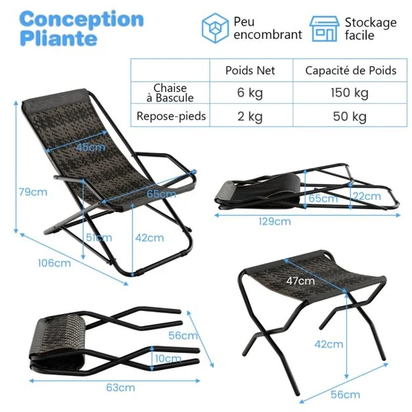 Chaise de Plage Pliable en Rotin PE Anti-UV Siège de Plage avec Accoudoirs Cadre en Métal Chaise Pliante Extérieur Portable pour Plage Jardin