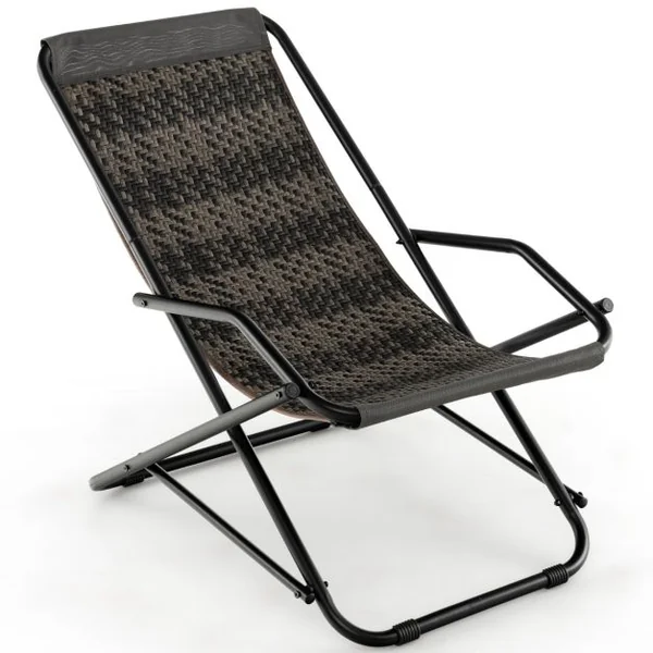 Chaise de Plage à Bascule Pliable en Rotin PE Anti-UV avec Repose-pieds Charge 150 KG Cadre en Métal 106 x 65 x 79 CM Gris
