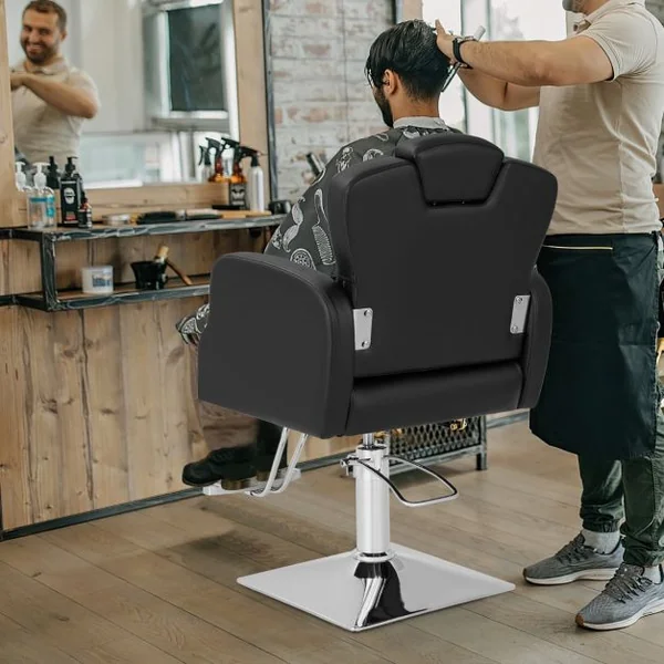 Chaise de Salon de Coiffure Chaise de Barbier Hydraulique Rotative à 360° Hauteur et Appui-tête Réglables Chaise de Tatouage avec Accoudoirs Noir