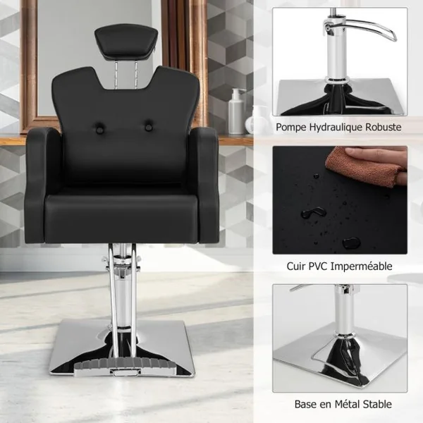 Chaise de Salon de Coiffure Chaise de Barbier Hydraulique Rotative à 360° Hauteur et Appui-tête Réglables Chaise de Tatouage avec Accoudoirs Noir