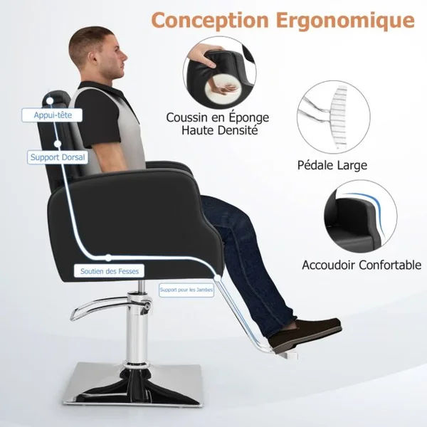 Chaise de Salon de Coiffure Chaise de Barbier Hydraulique Rotative à 360° Hauteur et Appui-tête Réglables Chaise de Tatouage avec Accoudoirs Noir