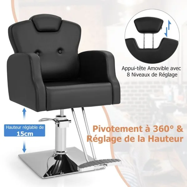 Chaise de Salon de Coiffure Chaise de Barbier Hydraulique Rotative à 360° Hauteur et Appui-tête Réglables Chaise de Tatouage avec Accoudoirs Noir