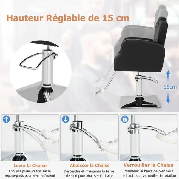 Chaise de Salon de Coiffure Chaise de Barbier Hydraulique Rotative à 360° Hauteur et Appui-tête Réglables Chaise de Tatouage avec Accoudoirs Noir