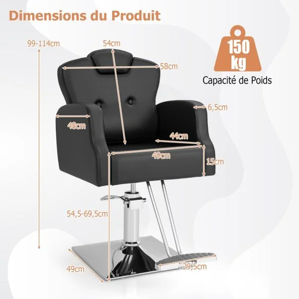 Chaise de Salon de Coiffure Chaise de Barbier Hydraulique Rotative à 360° Hauteur et Appui-tête Réglables Chaise de Tatouage avec Accoudoirs Noir